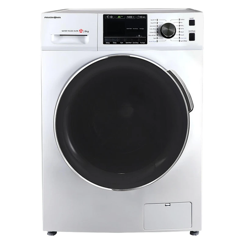 ماشین لباسشویی پاکشوما ۸ کیلوگرمی اتوماتیک مدل BWF 40804 WT رنگ سفید درب کروم