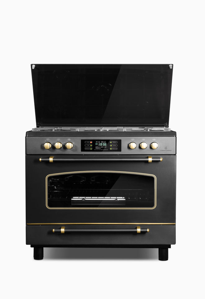 اجاق گاز 5 شعله فردار تهران سبحان مدل رویال رنگ لعاب مشکی طلایی